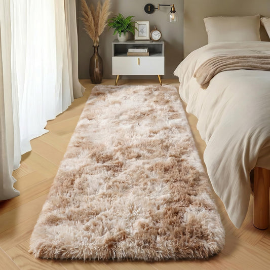 ONASAR Runner Rugs for Bedroom Living Room, Tie-Dyed Beige 2x6 Bedside Hallway Fluffy Area Rug, Ultra Soft Plush Furry Faux Fur Non Slip Floor Carpet for Nursery Kids Dorm Closet Home Decor