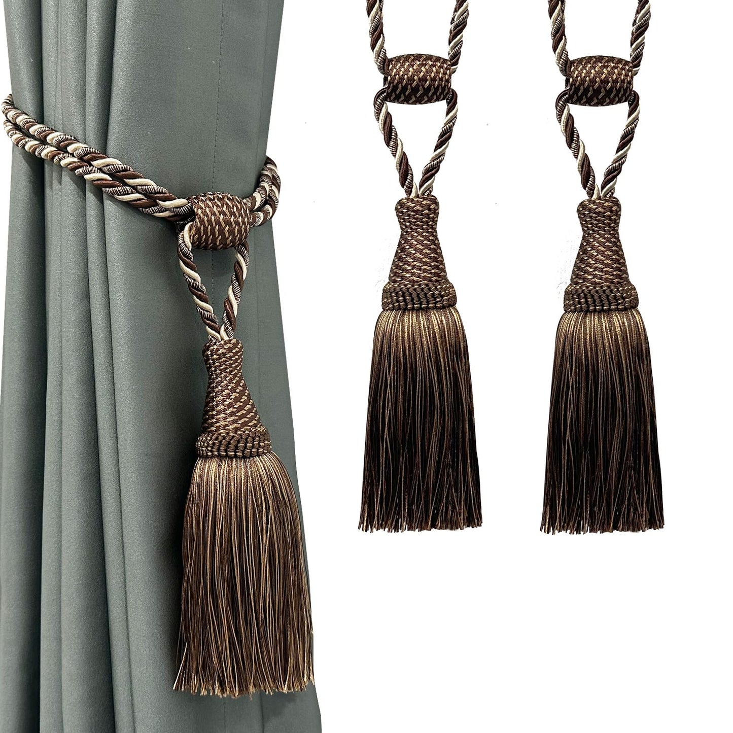 Fenghuangwu Curtain Tiebacks Handmade Elegant Curtain Tie Backs Holdbacks with Tassel for Home Office Decor 2 Pack - Dark Coffee