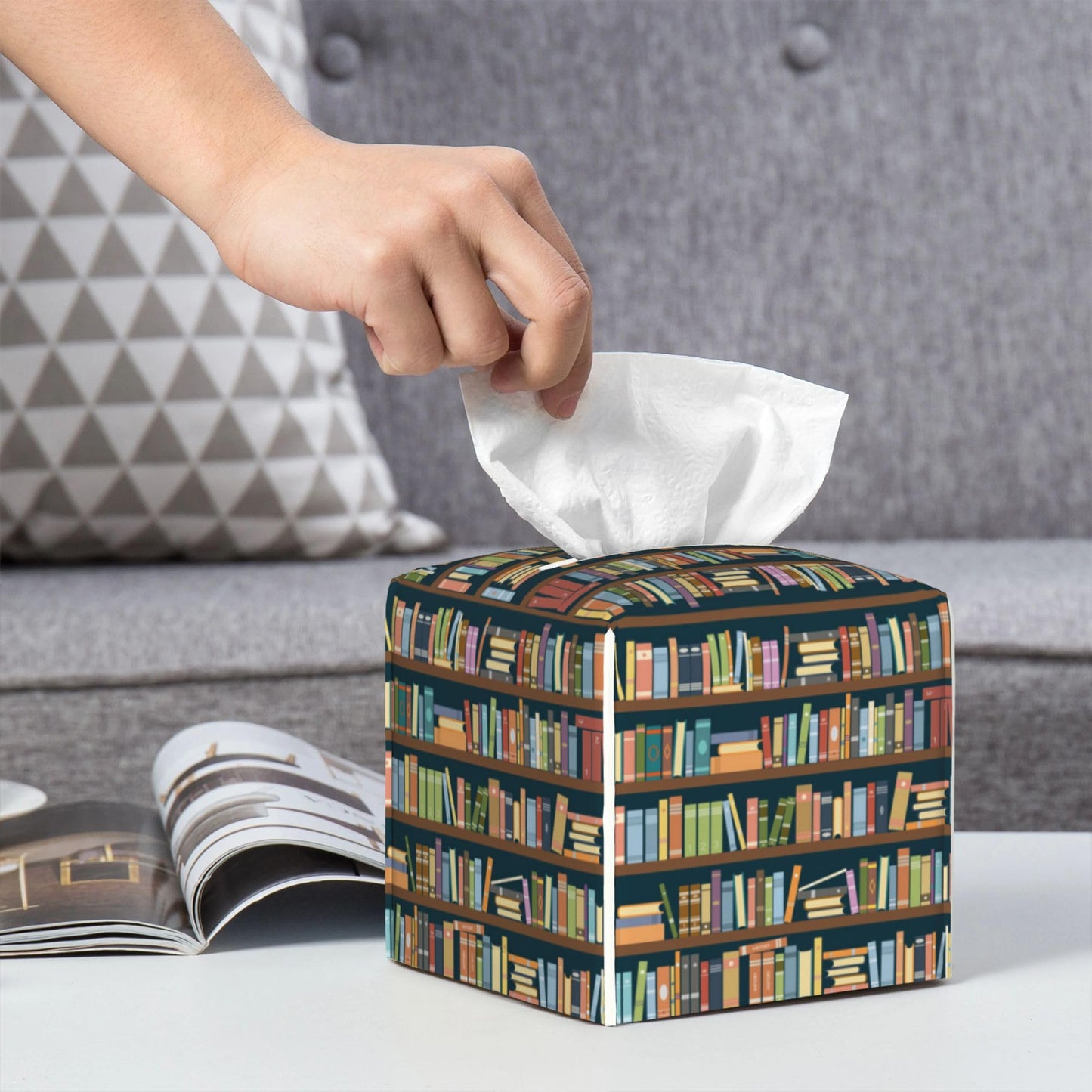 POIUBLE Tissue Box Holder Bookshelves Full of Books Tissue Box Cover Square Leather Tissue Holder Organizer Portable Decorative Facial Paper Case for Home Office Bathroom Vanity Countertop
