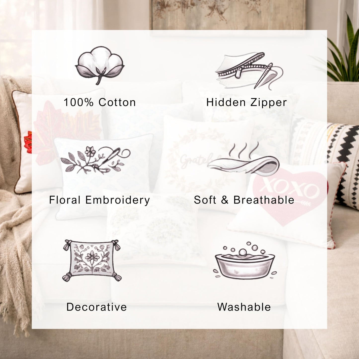 FINGERCRAFT Decorative Throw Pillow Cover Pack of 2 Soft Cotton Embroidered Cushion Cover, Couch Sofa Living Room Pillow Case 18 X 18 Inch Blue Meadow