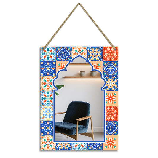 KEQAM Rectangle Mirror for Wall, 12"x16" Decorative Wall Mirror, Flower Blue Mosaic Mirrors, Wall Mirrors Decor with Hanging Rope for Living Room, Entryway, Bedroom, Dining, Kitchen
