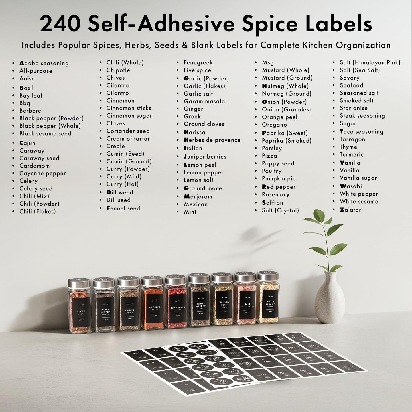 EDELHAUS Glass Spice Jars with Labels and Steel Lids (24 x 4oz) Spice Containers with 240 Label, Steel Funnel, Shaker Inserts, Empty Square Seasoning Organizer for Spice Rack, Cabinet, Drawer