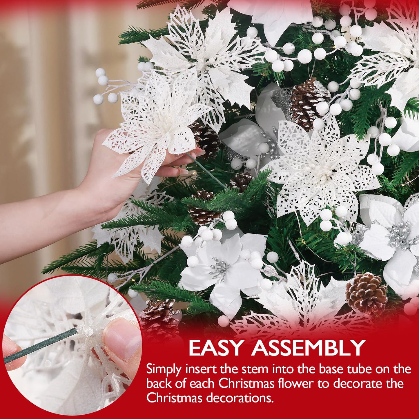 Hommtina 56 Pcs Christmas Decorations, 4 Styles Poinsettias Artificial Christmas Flowers Glitter Berries Stems Ornaments Tree with Pine Cones & Stems for Xmas Wedding DIY Wreath Floral Party (White)