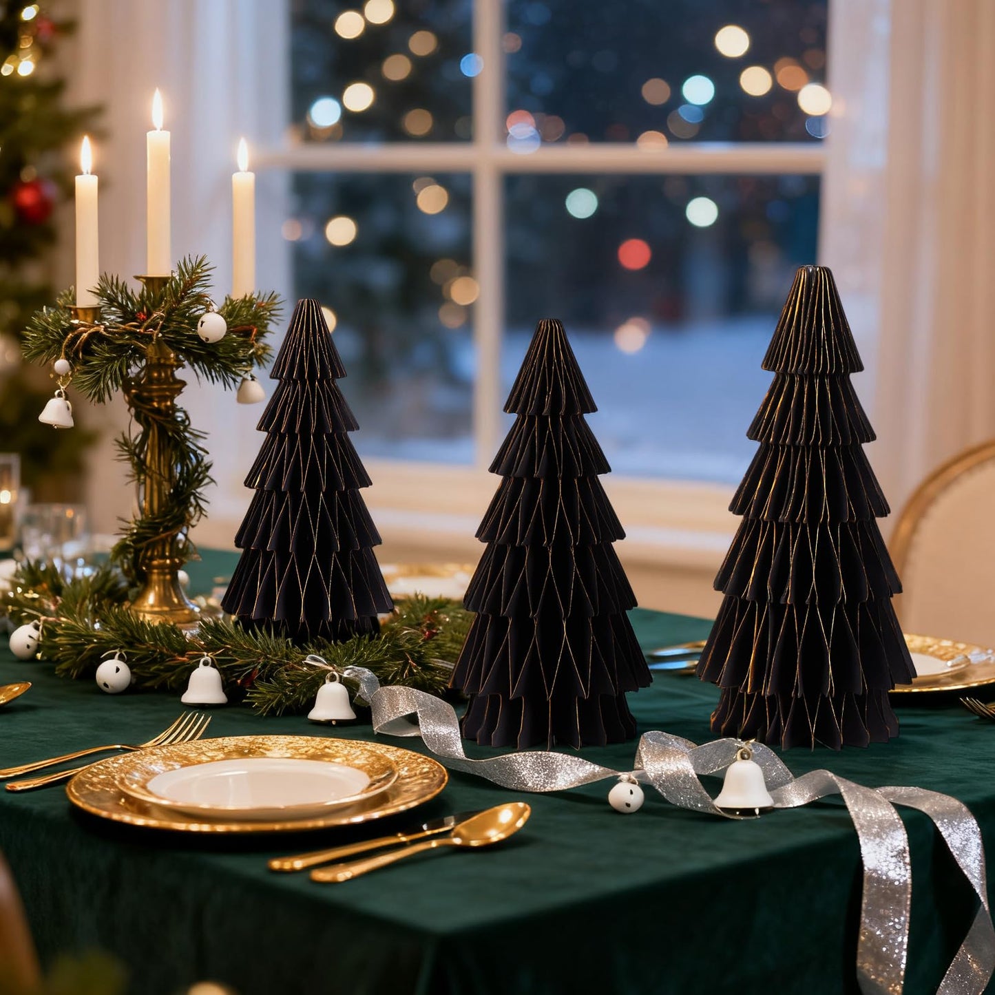 SUNBEAUTY 3PCS Black and Gold Honeycomb Paper Christmas Tree, 3D Christmas Tree Table Centerpiece with Magnetic Attachment,Christmas Winter Newyear Party Holiday Home Decor