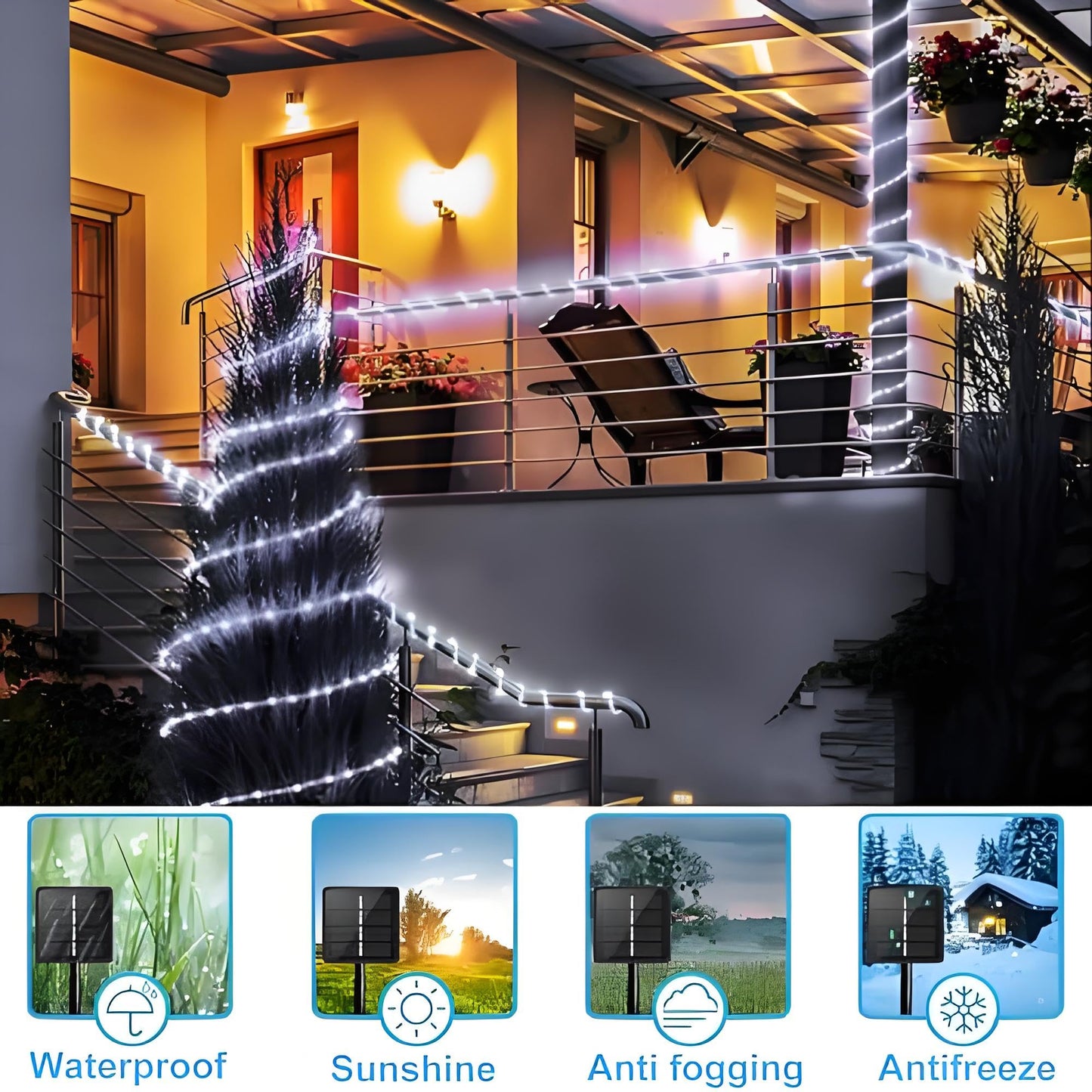KUshopfast Solar Rope Lights Outdoor Waterproof, 66 Feet 200 LED 8 Modes Fairy Lights String Light, Cool White Tube Light with Solar Panel for Outside Garden Yard Patio Decoration
