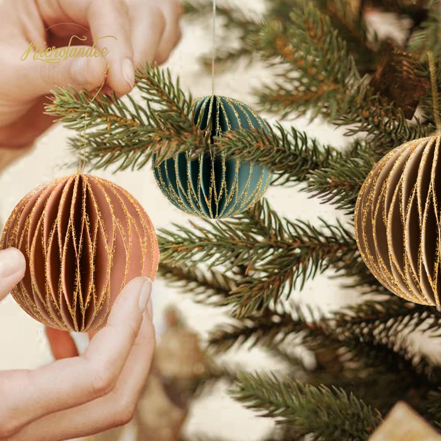 NICROLANDEE Christmas Hanging Decorations, 6 PCS Nature Round Glitter Edge Paper Honeycomb Ornaments, Green Brown Mini Paper Lanterns Ornament for Christmas Tree Décor, New Years Party Home Decor