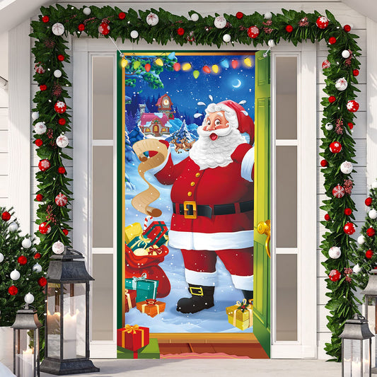 Irenare Christmas Front Door Decorations Santa Claus Door Cover Winter Holiday Hanging Banner Santa Backdrop Background for New Year Party Porch Garage Wall Office Outdoor Indoor, 78 x 35 Inch