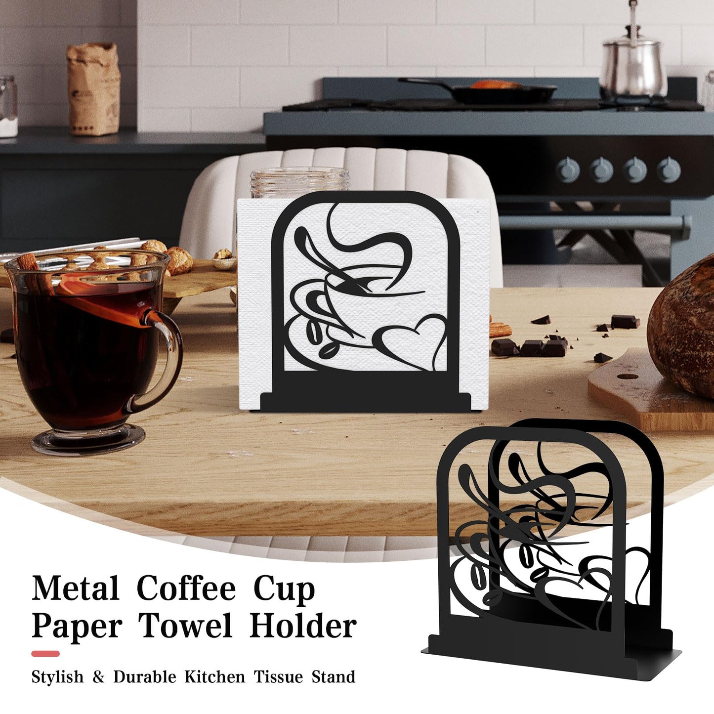Modern Standing Napkin Holder for table, Black Metal Napkin Dispenser, Coffee time Theme Style Napkin Holder, Suitable for Kitchen, Coffee Shop, Dining Room