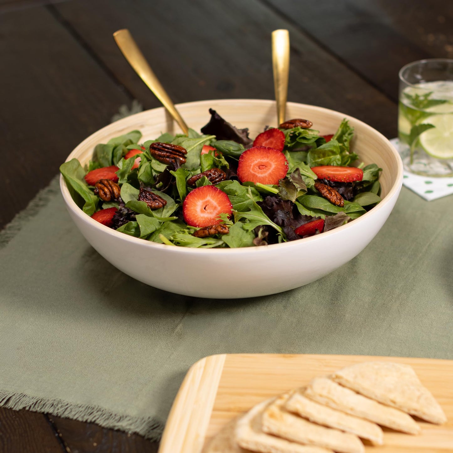 LEXA 12" Handmade Bamboo Salad Bowl – 130 oz Large Wooden Fruit Bowl for Kitchen Counter, White