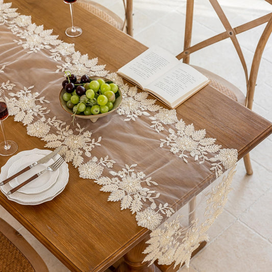 Huierxun Embroidered Lace Table Runner with Tassels for Home Decor 47 Inches Long Pearl Embroidery Floral Table Runner Macrame Vintage Decoration for Living Room Bridal Shower (Beige,16"x47")