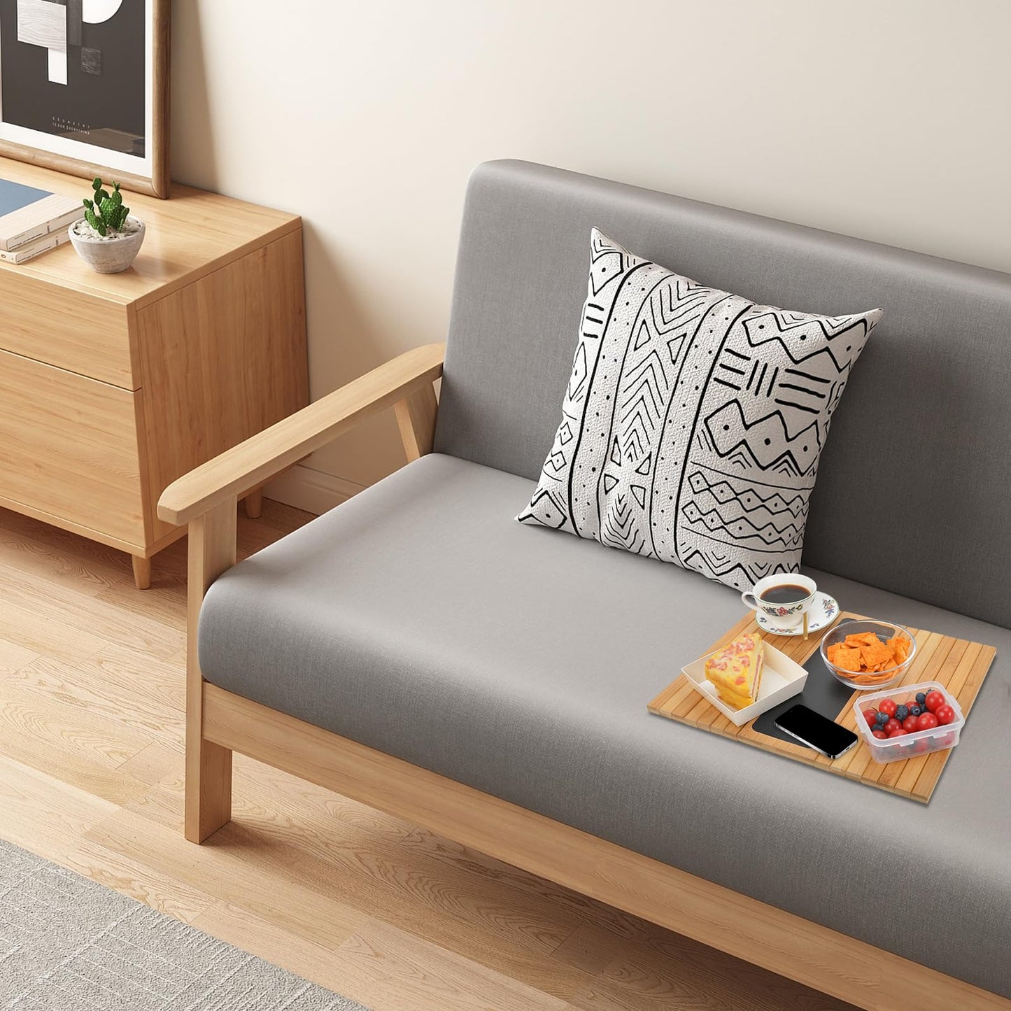 Numola Couch Arm Tray, Sofa Armrest Tray Table, Adjustable and Foldable Couch Arm Table for Snack, Food, Drinks, Phone, Remote(Natural)