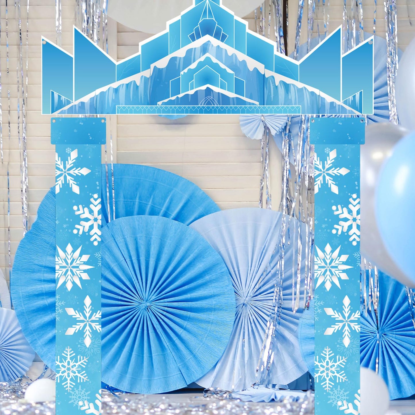 JellyArch Winter Party Door Banner Classroom Door Cover Snow Wonderland Porch Decor Winter Birthday Decorations Photography Backdrop for Holiday Christmas Snowflake Party(Castle)