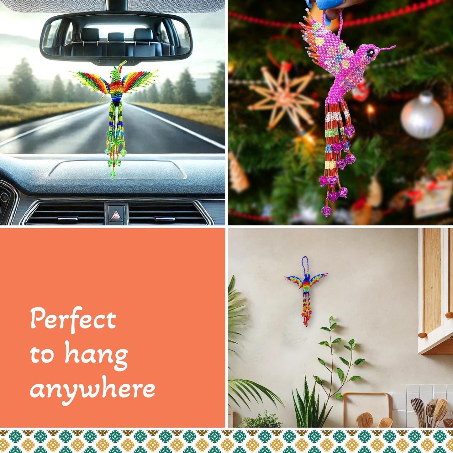 Spirit of Nature - Hummingbird Decor Hanging Figurine | Bird Figurines Home Decor | Ornament Czech Glass Seed Bead Decorative Hanging Ornaments - Handmade Decoration (Gold/Rainbow)
