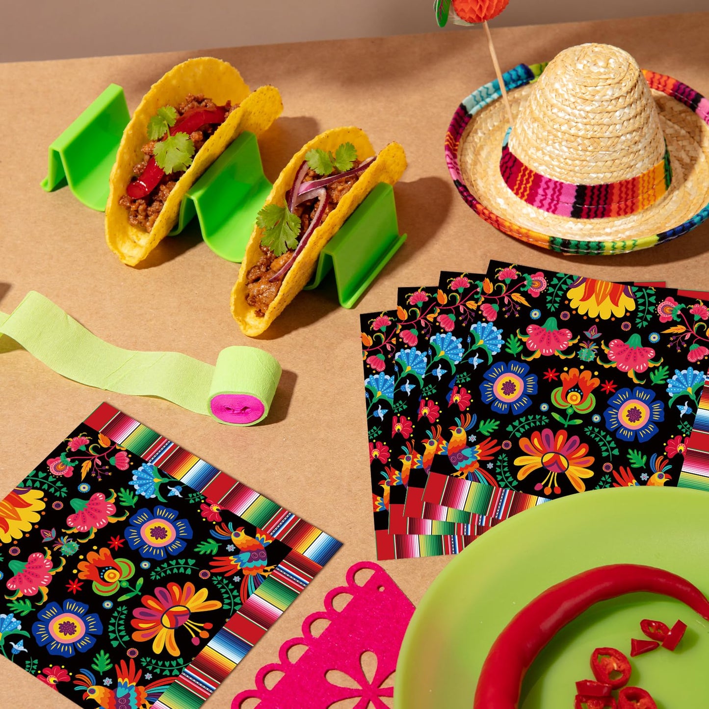Pack of 50, Mexican Fiesta Napkins, Colorful Floral and Serape Stripe Design, Disposable Paper Napkins for Cinco de Mayo, Taco Night, Birthdays, Mexican-Themed Party Supplies, 13x13 Inches Unfolded
