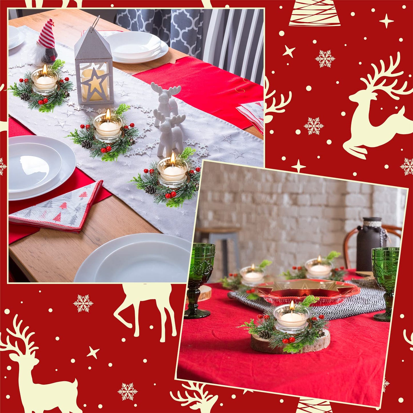 Dingion 12 Pcs Christmas Votive Candle Holder Set Xmas Table Centerpiece with Christmas Berry Candle Ring Decorative Glass Tealight Holder for Wedding Christian Church Xmas Holiday Table Decoration