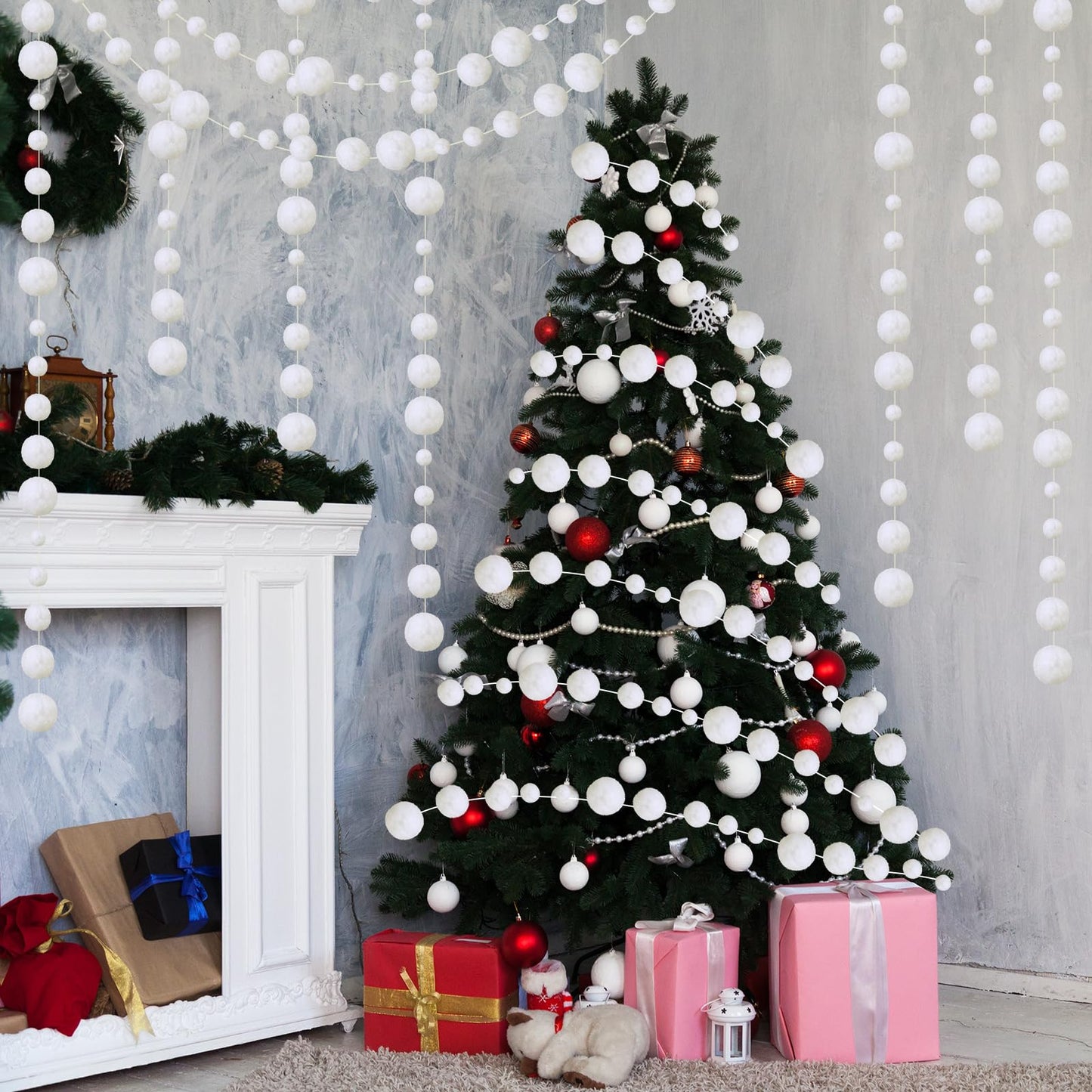 Tegeme 12 Pcs Winter Snowball Garland 6.5 Feet White Pom Pom String Garland Winter Party Wonderland Decoration Snow Ball Hanging Banner White Snowball Decor for Ceiling Tree Holiday Party Wall Home