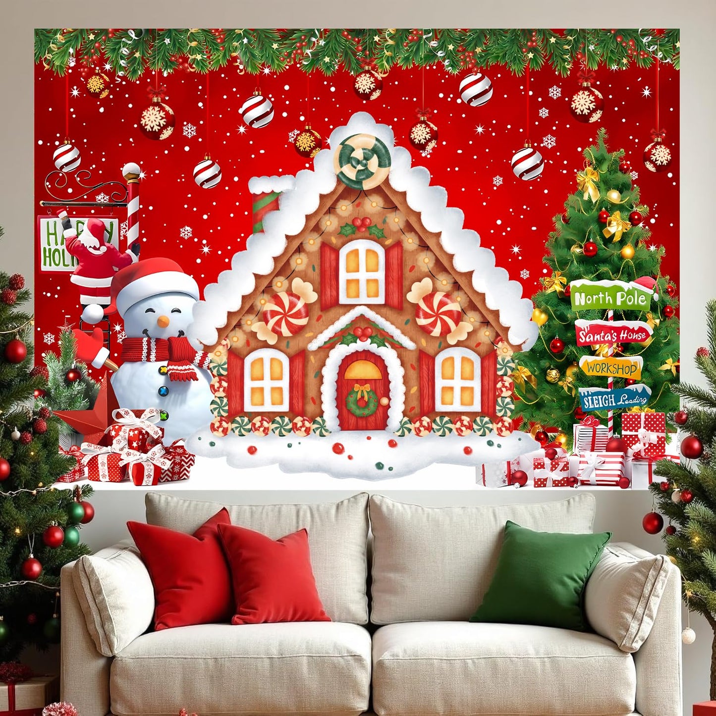 Christmas Backdrop Gingerbread House Backdrop for Wall Photoshoot Winter Merry Xmas Tree Background Santa Xmas Background Holiday Party Decorations 7x5ft