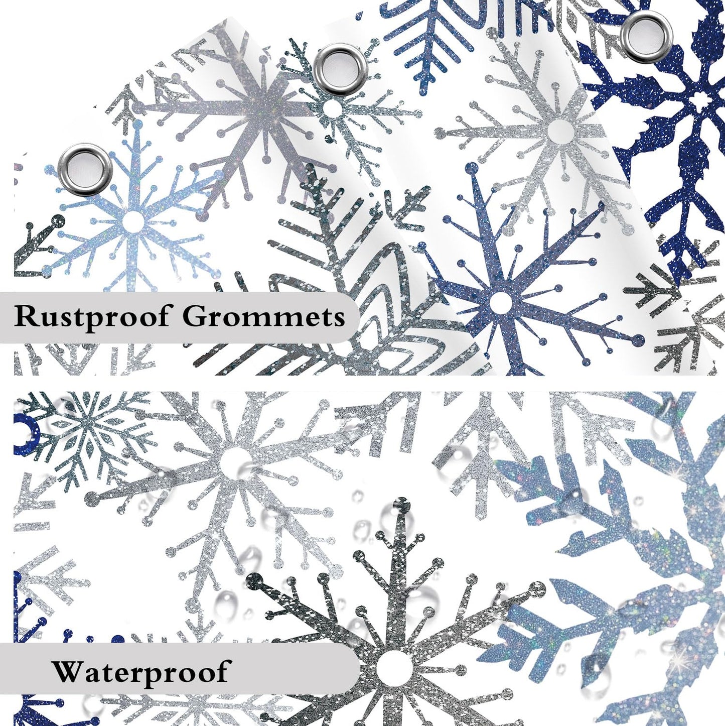 Raoycla Christmas Snowflake Shower Curtain, Blue Xmas Winter Snow Bathroom Decor, Silver Grey Snowflake Christmas Holiday Simple Shower Curtains for Bathroom 72 x 72 Inch with 12 Hooks