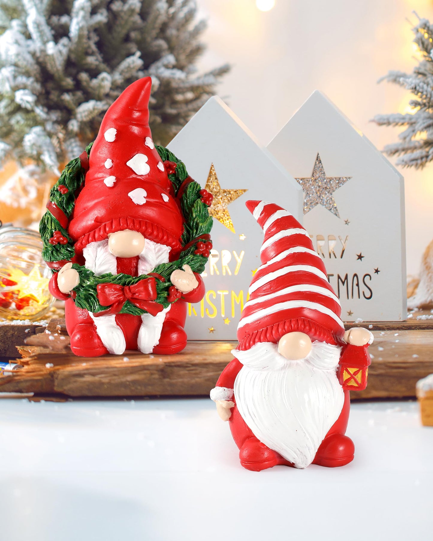 iStatue Set of 2 Resin Christmas Gnomes, 4.3'' Adorable Hand-Painted Tabletop Tomte Collectible Figurines Christmas Decorations for Home and Garden (Xmas)