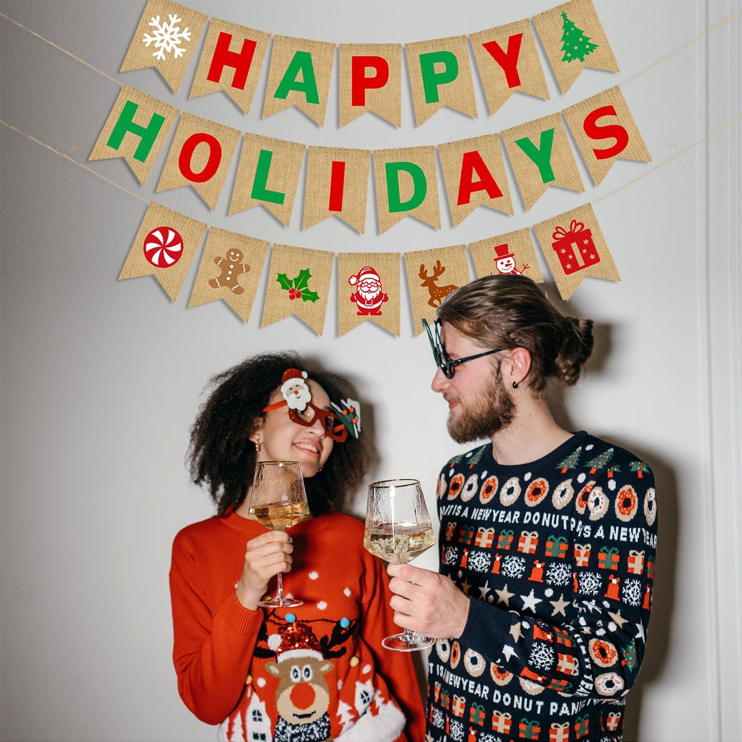 JKQ Happy Holidays Burlap Banner Jute Merry Christmas Bunting Banner with Snowflake Xmas Tree Santa Gingerbread Man Signs Winter Christmas Holiday Party Decorations for Mantle Fireplace Party Supplies