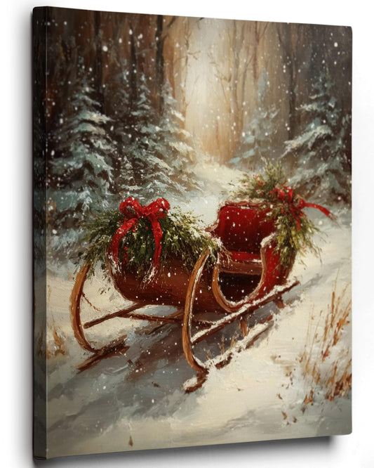 Ebroniah Christmas Sleigh Wall Art, Vintage Winter Snowy Forest Festive Canvas Wall Art Decor for Holiday Living Room, Rustic Farmhouse Prints Framed Artwork for Walls Bedroom Kitchen Home 12x15in