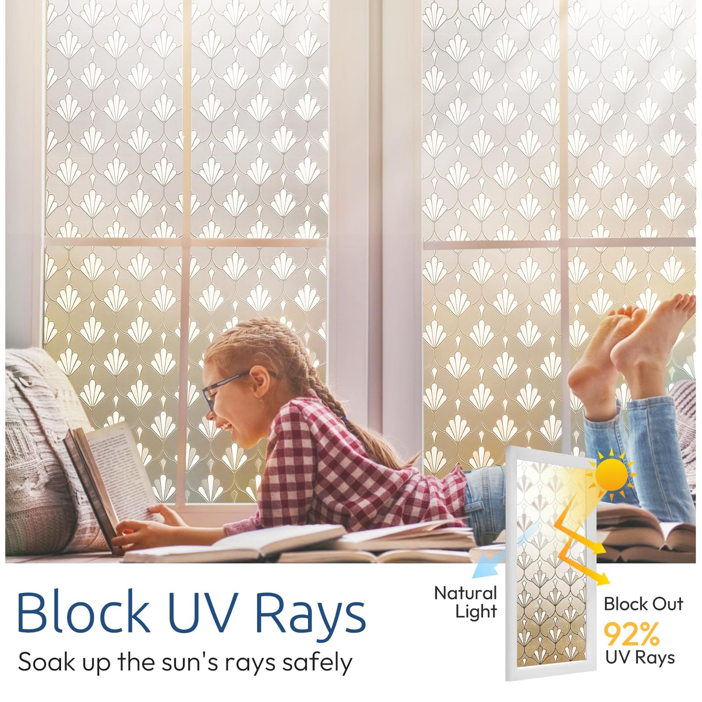 rabbitgoo Privacy Window Film Non Adhesive Frosted Glass Sun Blocking Self Static Cling Decorative for Home Kitchen Living Room, Removable and Reusable, 17.5 x 78.7 inches