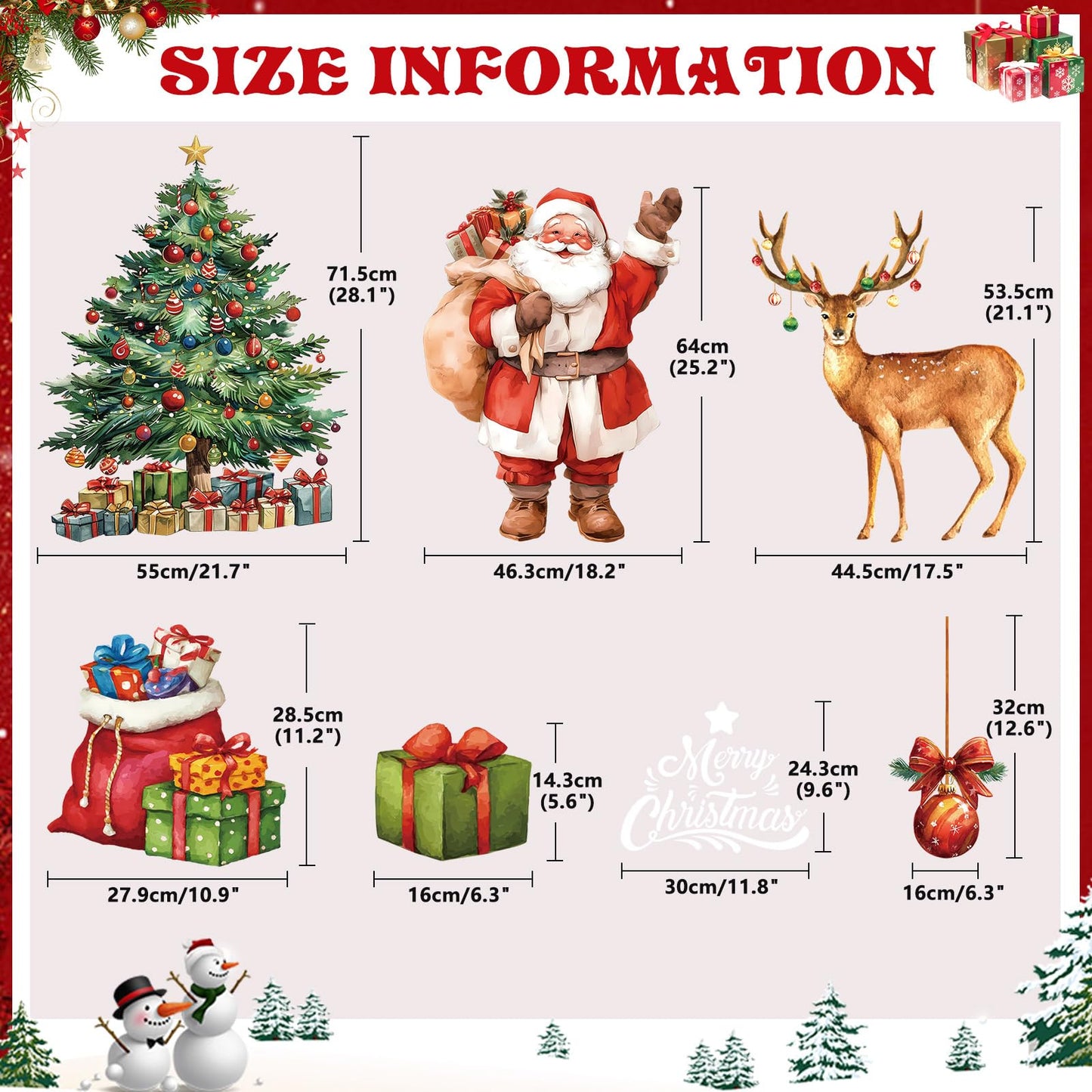 Jyanl 174PCS Christmas Window Clings Decorations Cute Large Christmas Tree Stickers Santa Claus Xmas Fall Window Snowflake Decal for Holiday Party Office (6 Sheets