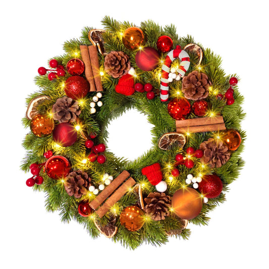 Quntis 16 Inch Christmas Wreath with 40 Lights 8 Modes, Lovely Christmas Door Wreath Decorations Artificial Xmas Wreath with PineCones Dried Lemon Pieces, Winter Wreaths Outdoor Porch Fireplace Window