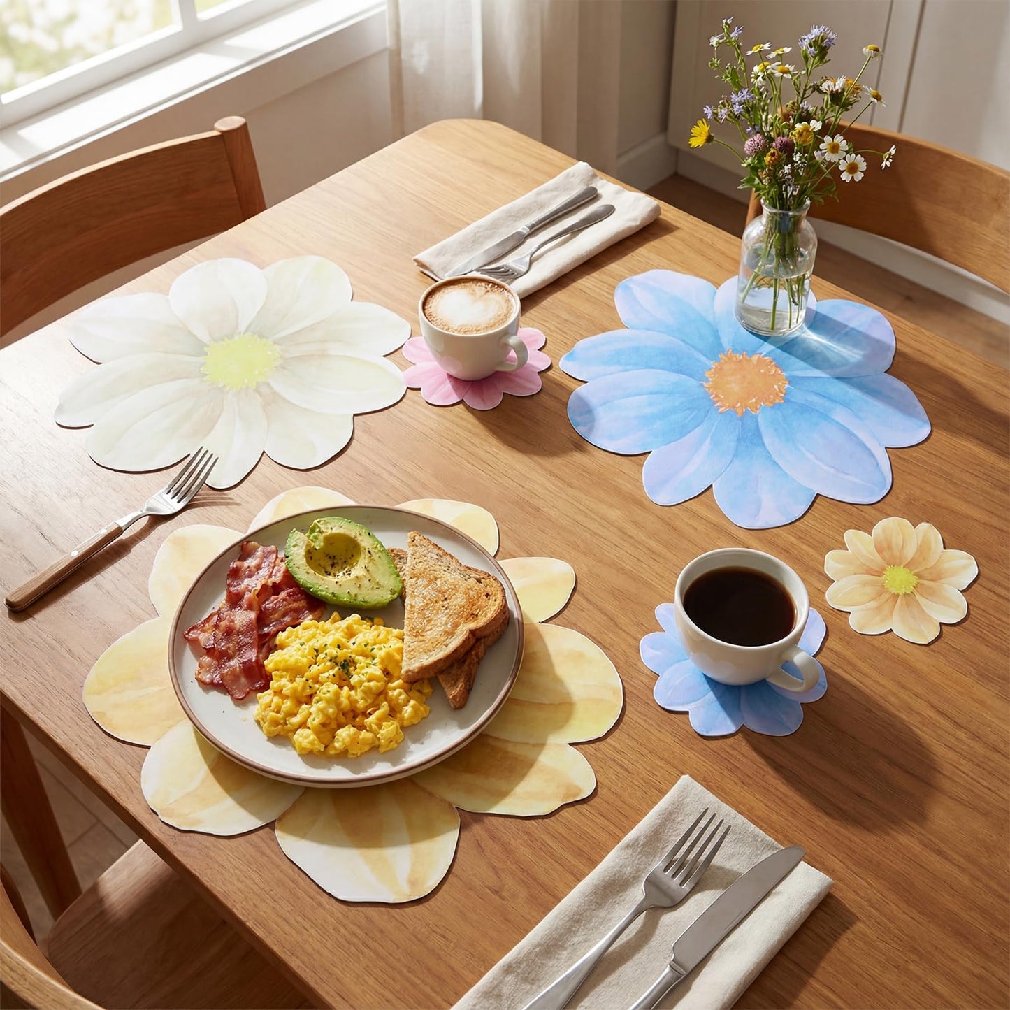 Qinyoung 96 Pcs Disposable Floral Paper Placemats and Coasters Set Floral Table Place Mats and Coasters Decorative for Dining Table Setting Birthday Party Supplies Wedding Bridal Shower Spring Decor