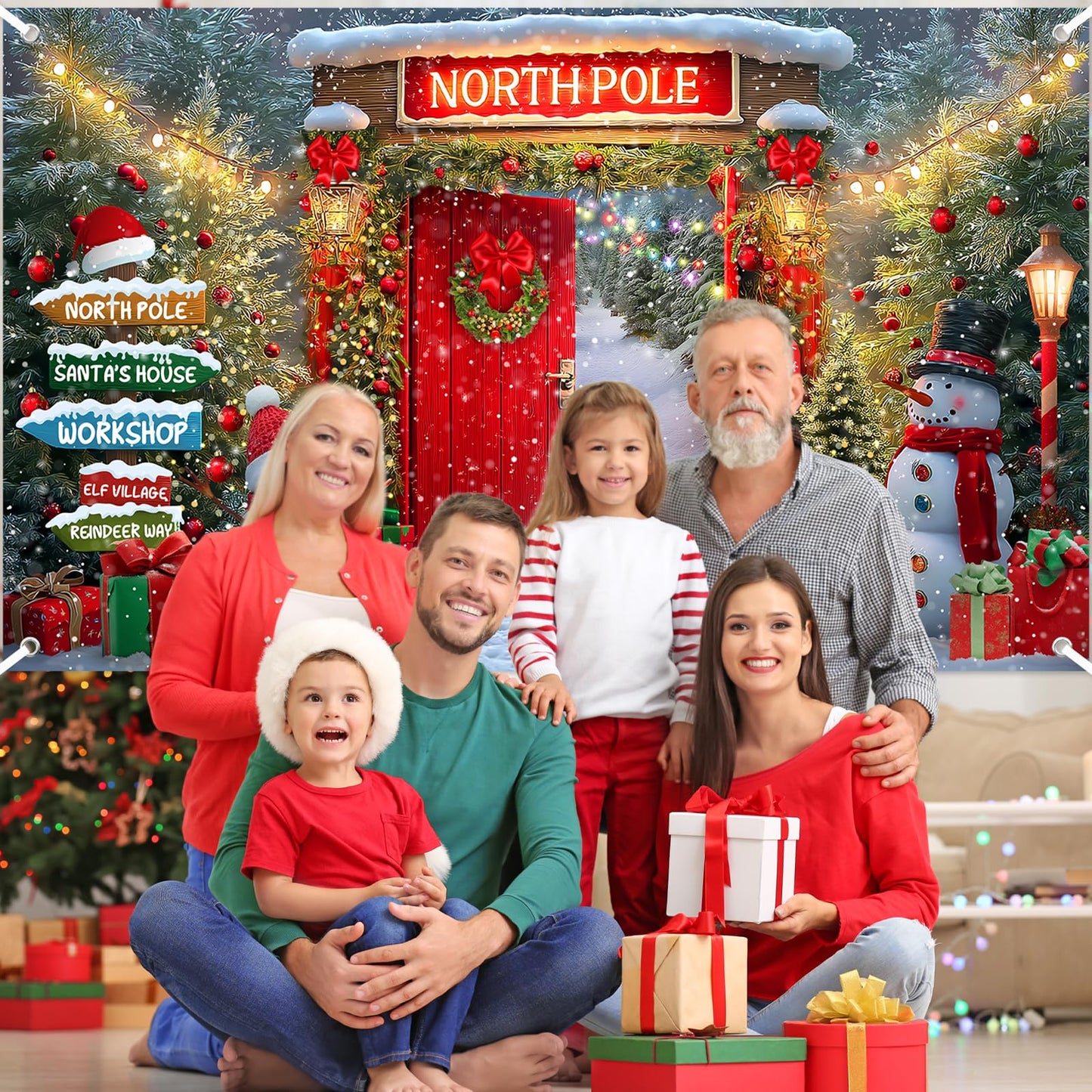 Lecheme Christmas Backdrop for Photography North Pole Santa's House Banner Snowy Forest Red Barn Door Christmas Banner Xmas Holiday Family Photo Background Party Decorations