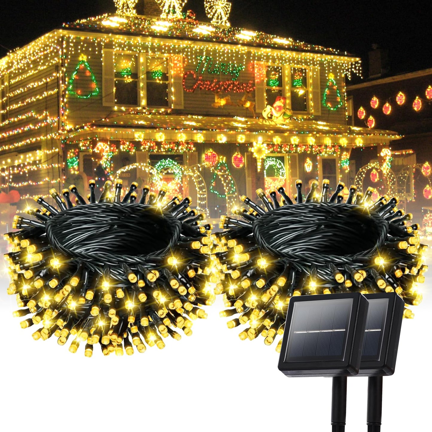 Solar Powered String Lights, 164ft 2 Pack Total 400 Led Solar Christmas Lights Outdoor Waterproof with 8 Modes - Solar Outdoor String Light for Outside Tree Lights for Tree Patio Christmas Warm White