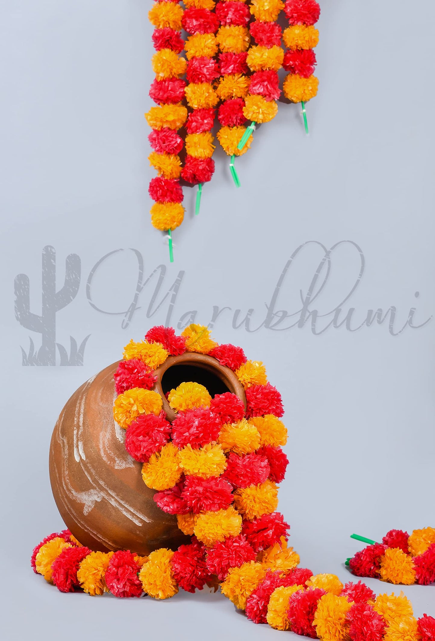 Marubhumi 5 PC - 5 feet Artificial Marigold Flower Garland – Long Strands for Diwali, Wedding & Festive Decoration – Traditional Indian Home Decor