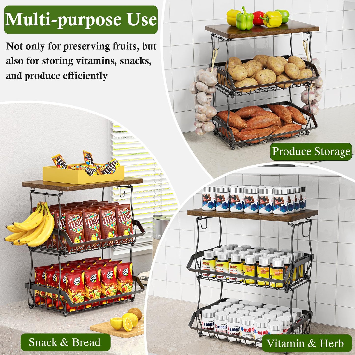 OKZEST 3-Tier Fruit Basket for Kitchen Counter with Banana Hangers, Countertop Organizer Fruit Bowls with Wood Top, Fruit Storage Basket Stand for Storage Potato Onion Bread Snack Fruit Veggie