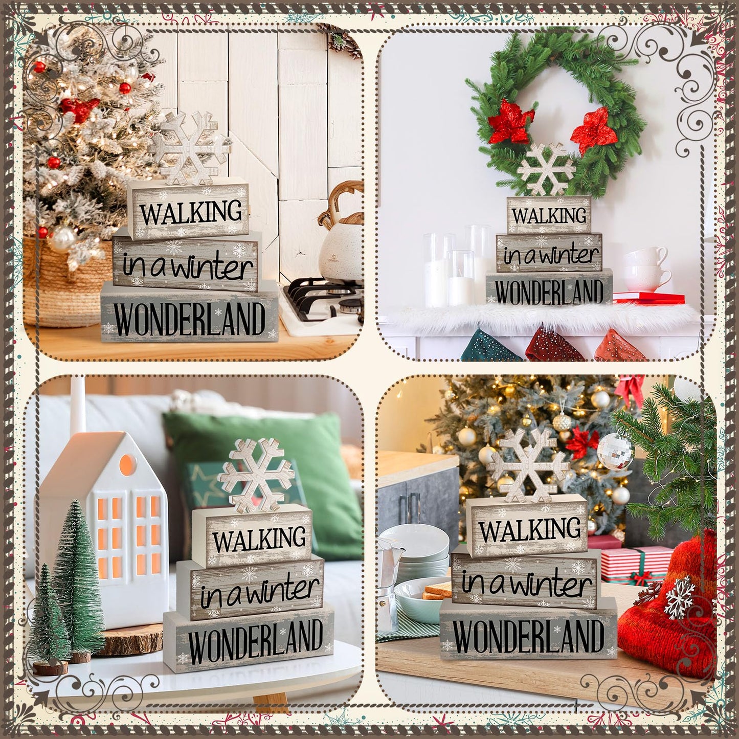 Moucuny 4 Pcs Winter Table Decorations Wooden Snowflake Decor Winter Tiered Snow Tray Decor Rustic Block Signs Gift Farmhouse Christmas Centerpiece for Wonderland Party Kitchen Shelf Home
