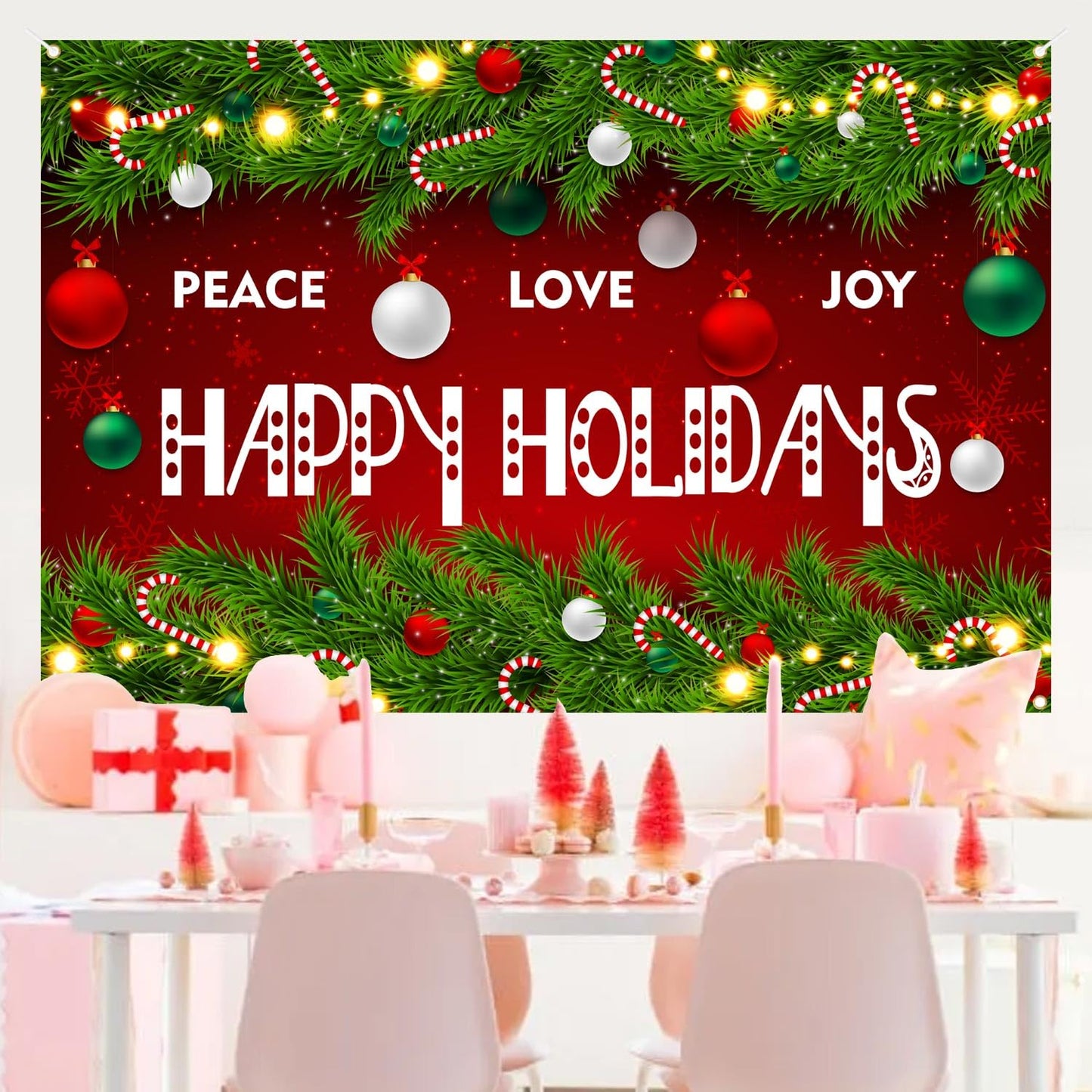 Happy Holidays Celebrate Backdrop Banner Peace Love Joy Happy Holidays Wall Hanging Decor Red Glittering Xmas Winter Holiday Party Photo Photography Prop Booth Background 70.9x47.2in-BECKTEN