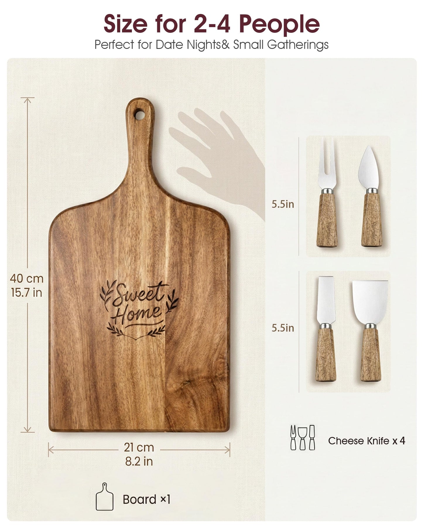GleeNflux Charcuterie Board Set, Acacia Wood Cheese Board with 4 Cheese Knives, Engraved Serving Tray with Handle – Cutting Board for Kitchen & Entertaining, Housewarming Gift