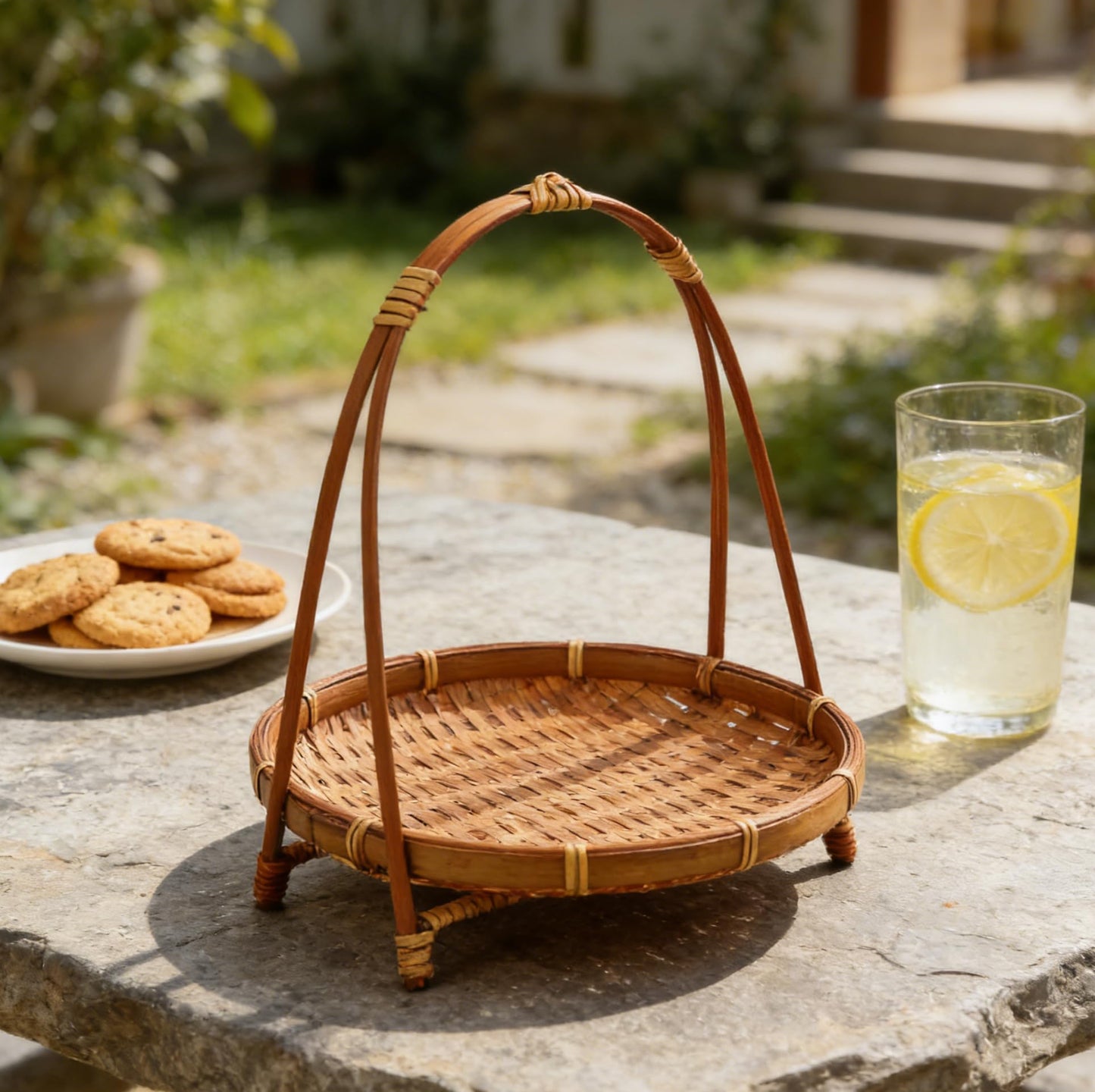 LABRIMP Bamboo Woven Basket with Handle 8.66X7.48X7.48In Rustic Snack Stand Fruit Dessert Organizer for Kitchen Countertop Storage and Party Display