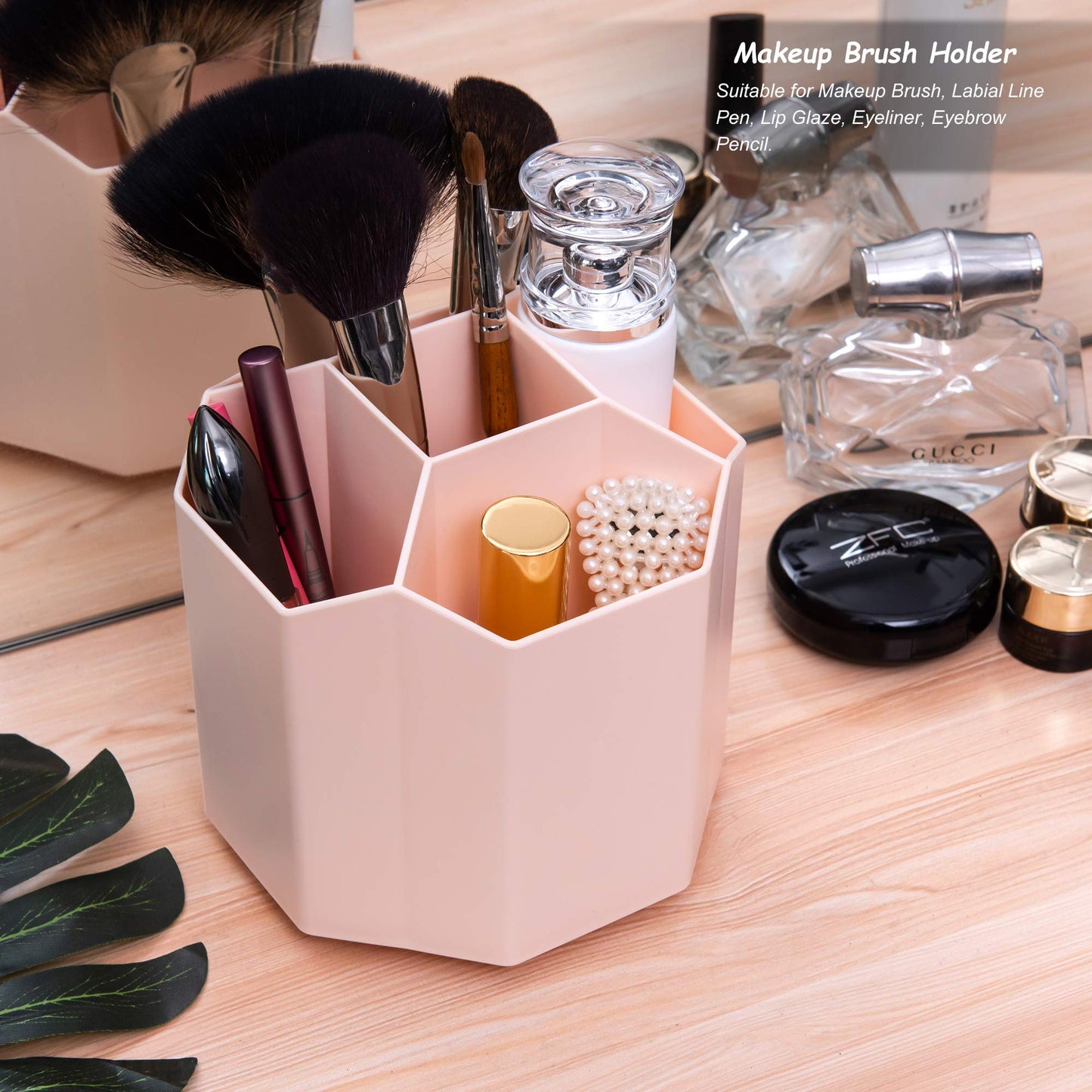 Siveit Desk Pencil Pen Holder, Rotating Pen Organizers 360-Degree 5 Grid Pen Holder for Desktop Storage Stationery Supplies Organizer, Home, Office, School, Kids, Peach Pink