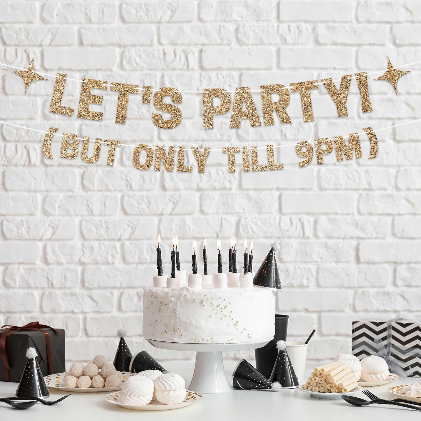 Pre-strung Let's Party But Only Till 9 PM Banner - No DIY - Gold Glitter Funny Birthday Banner for Men & Women - Pre-strung on 8 ft Strands - Gold Party Decorations & Decor. Did We Mention No DIY