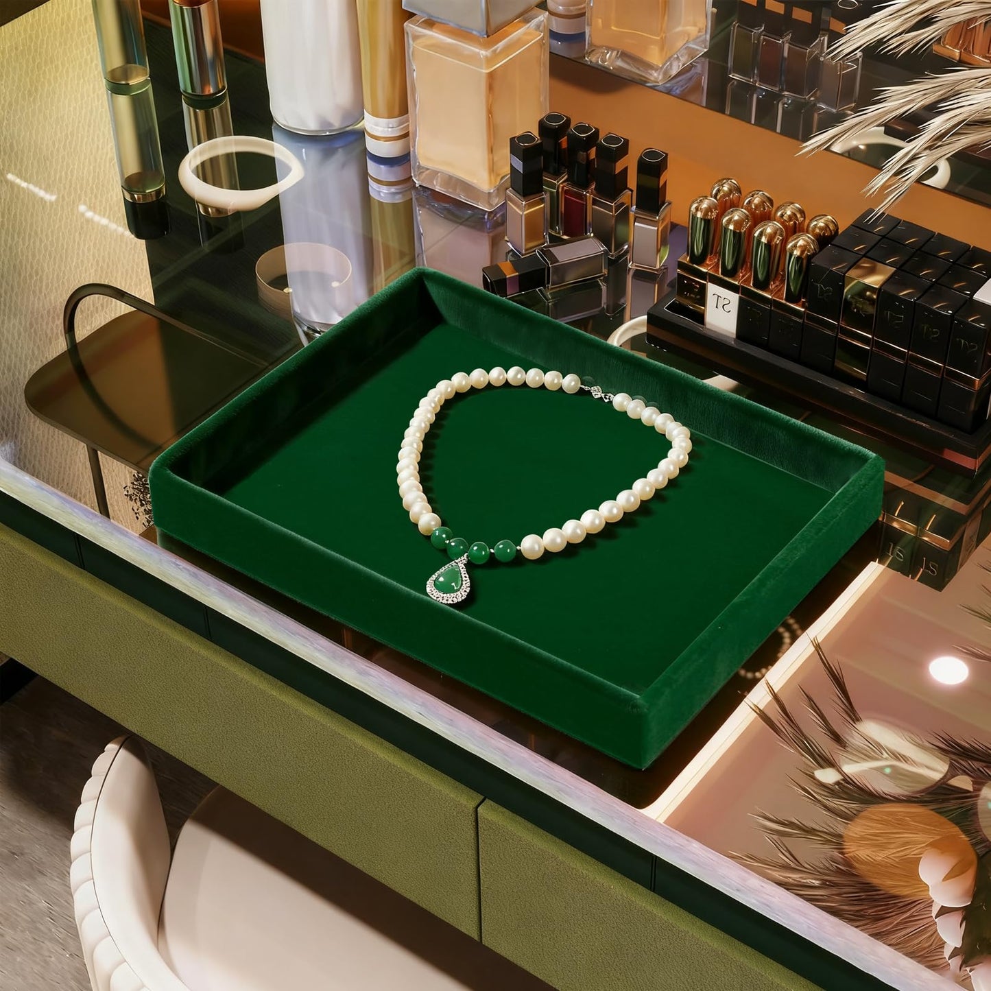 Papten Green Velvet Jewelry Trays Stackable Jewelry Drawer Organizer Tray for Necklace Bracelets Rings Storage Display