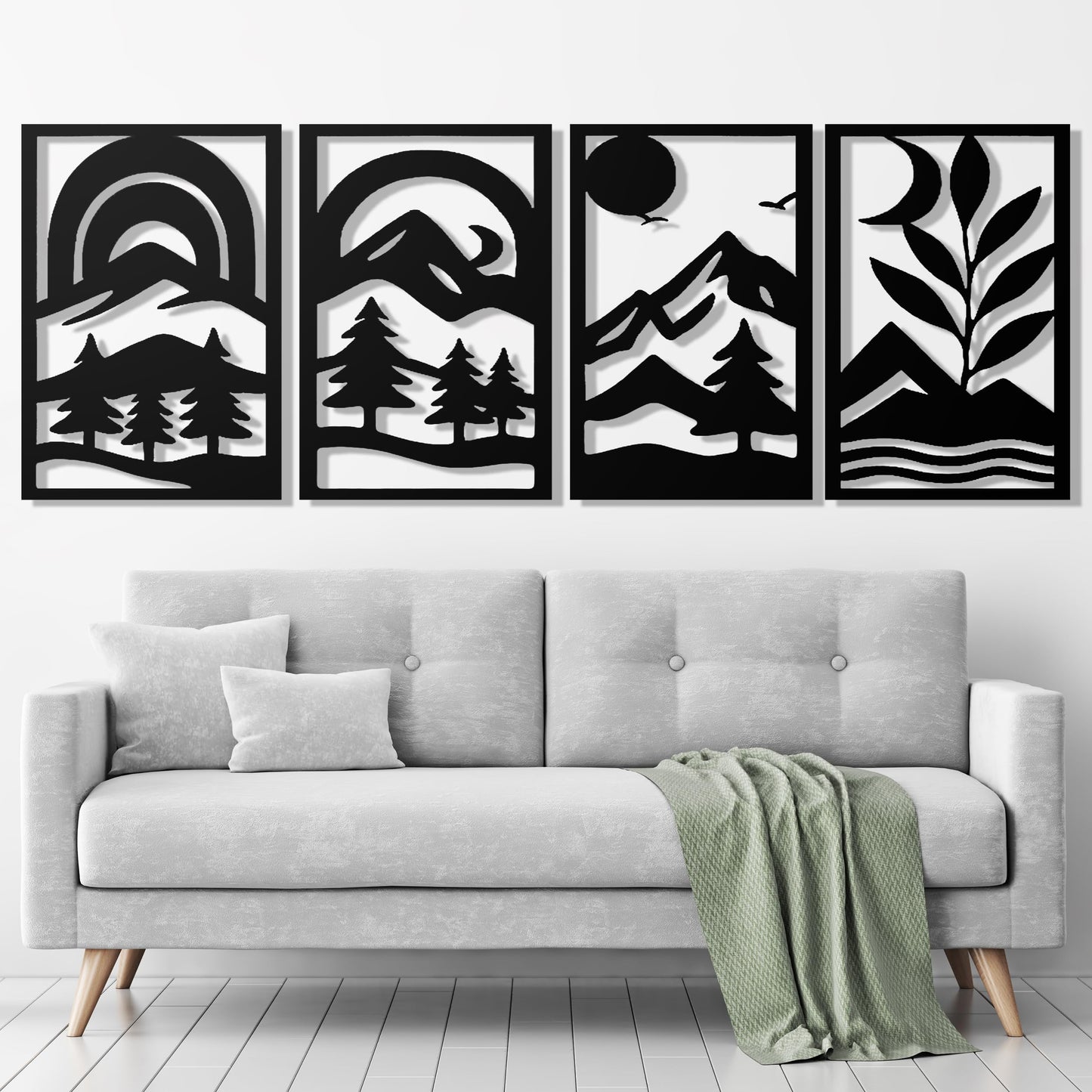GALLERY GRACE Metal Wall Art Decor – 11" x 16" Set of 4 Abstract Landscape Panels for Living Room, Office, or Bedroom – Minimalist Single Line Black Wall Art with Mountains, Trees, and Sunrise