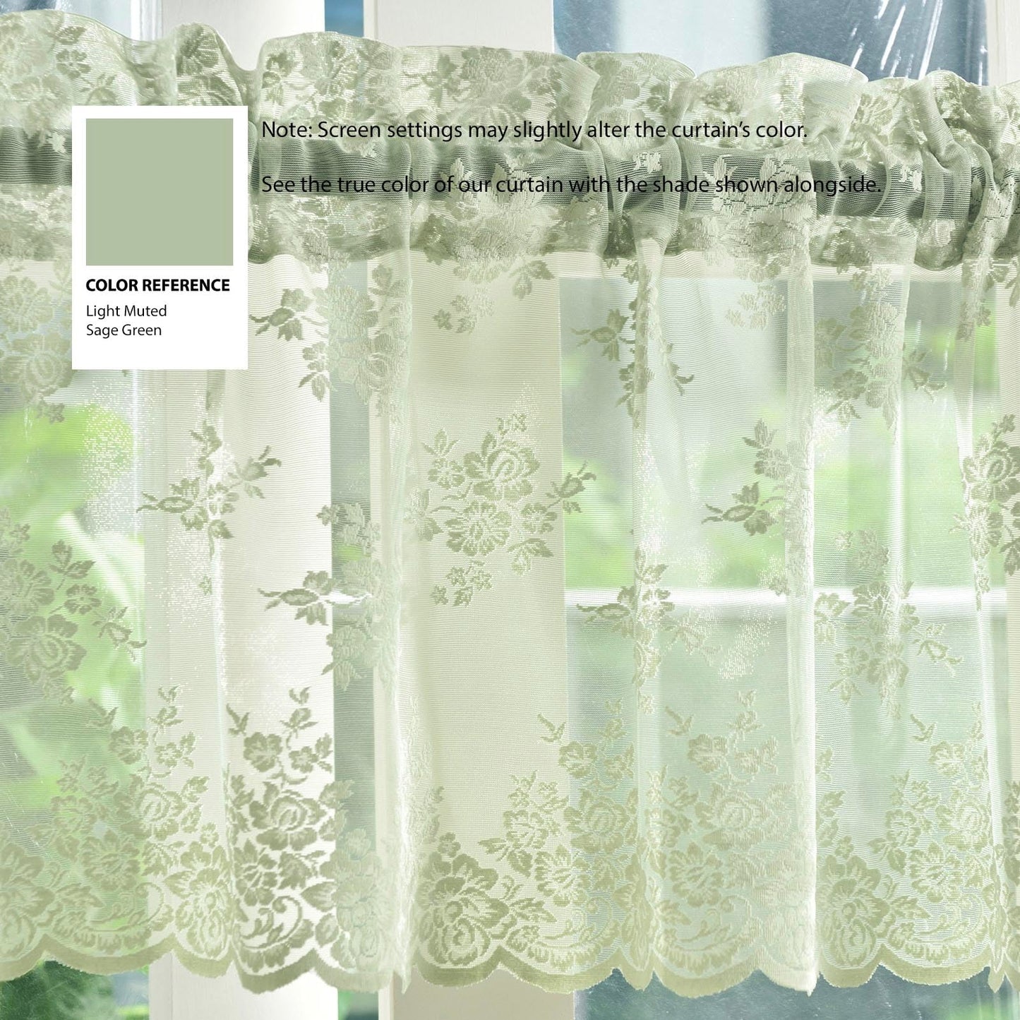Kotile Light Sage Green Sheer Valance Curtain for Windows, Rustic Floral Muted Green Window Lace Curtain 18 Inch Length, Rod Pocket Light Filtering Valance, 52W x 18L Inch, 1 Panel