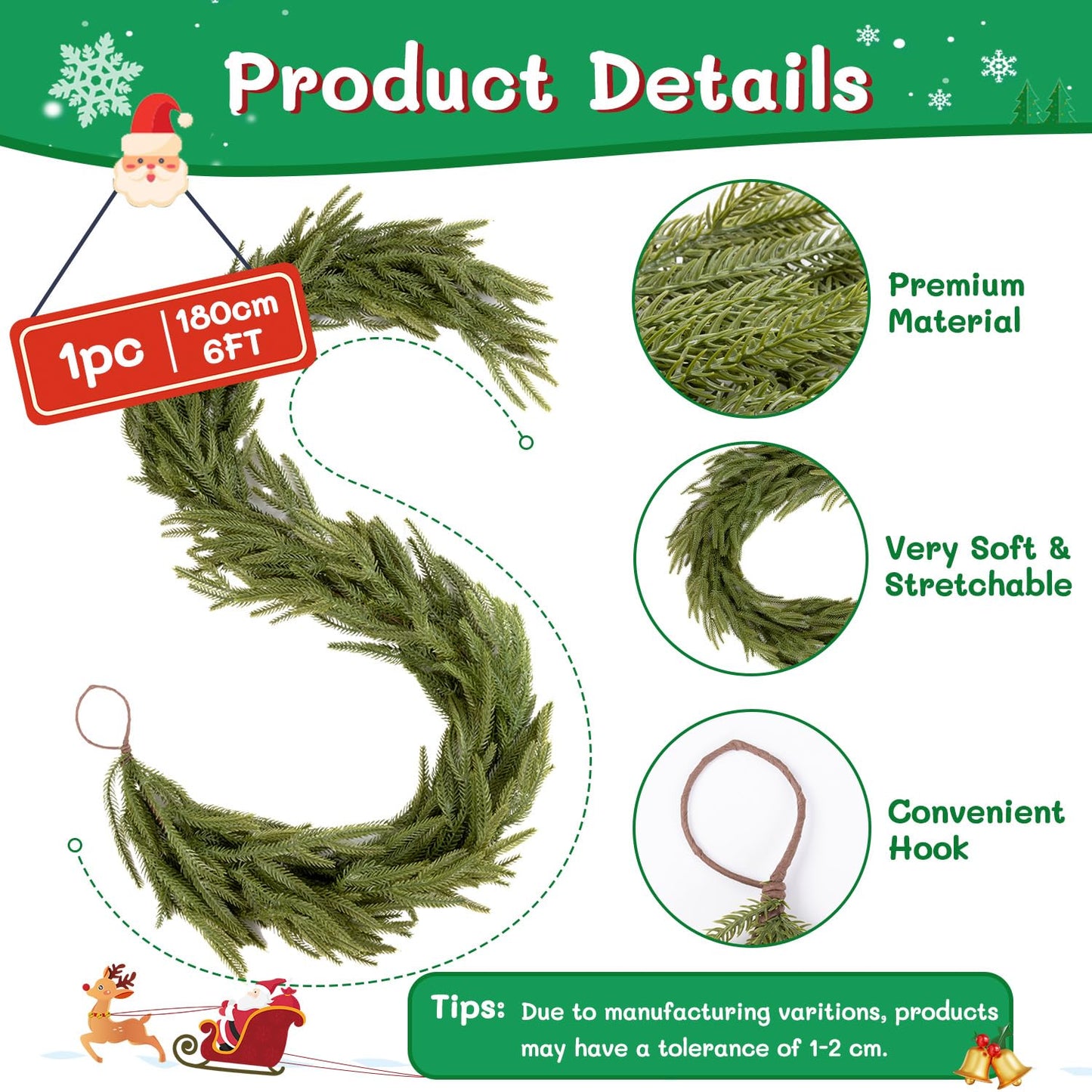 Findosom 6Ft Christmas Norfolk Pine Garland, Real Touch Artificial Winter Green Pine Garland for Mantle, Wall, Fireplace, Stairs, Table, Indoor & Outdoor Christmas Decorations