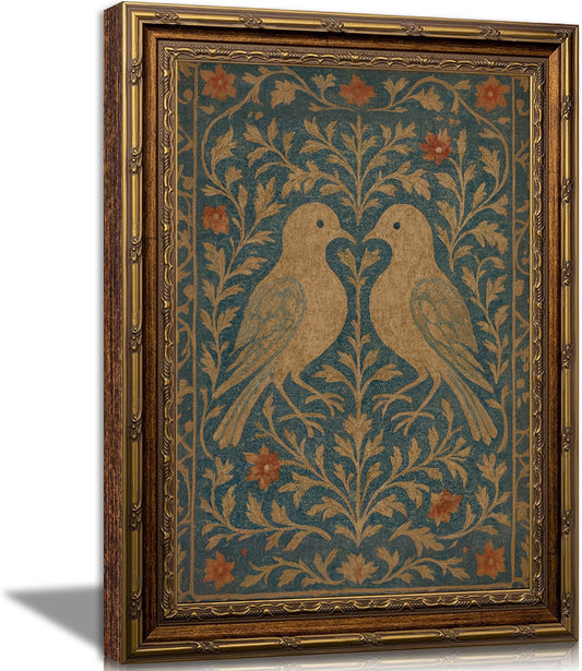 Vintage Lovebirds Wall Art Framed Folk Botanical Print with Heart Shape Birds Floral Picture Wall Decor Teal Rustic Canvas Painting for Bedroom Living Room Bathroom 12x16Inches Ready to Hang