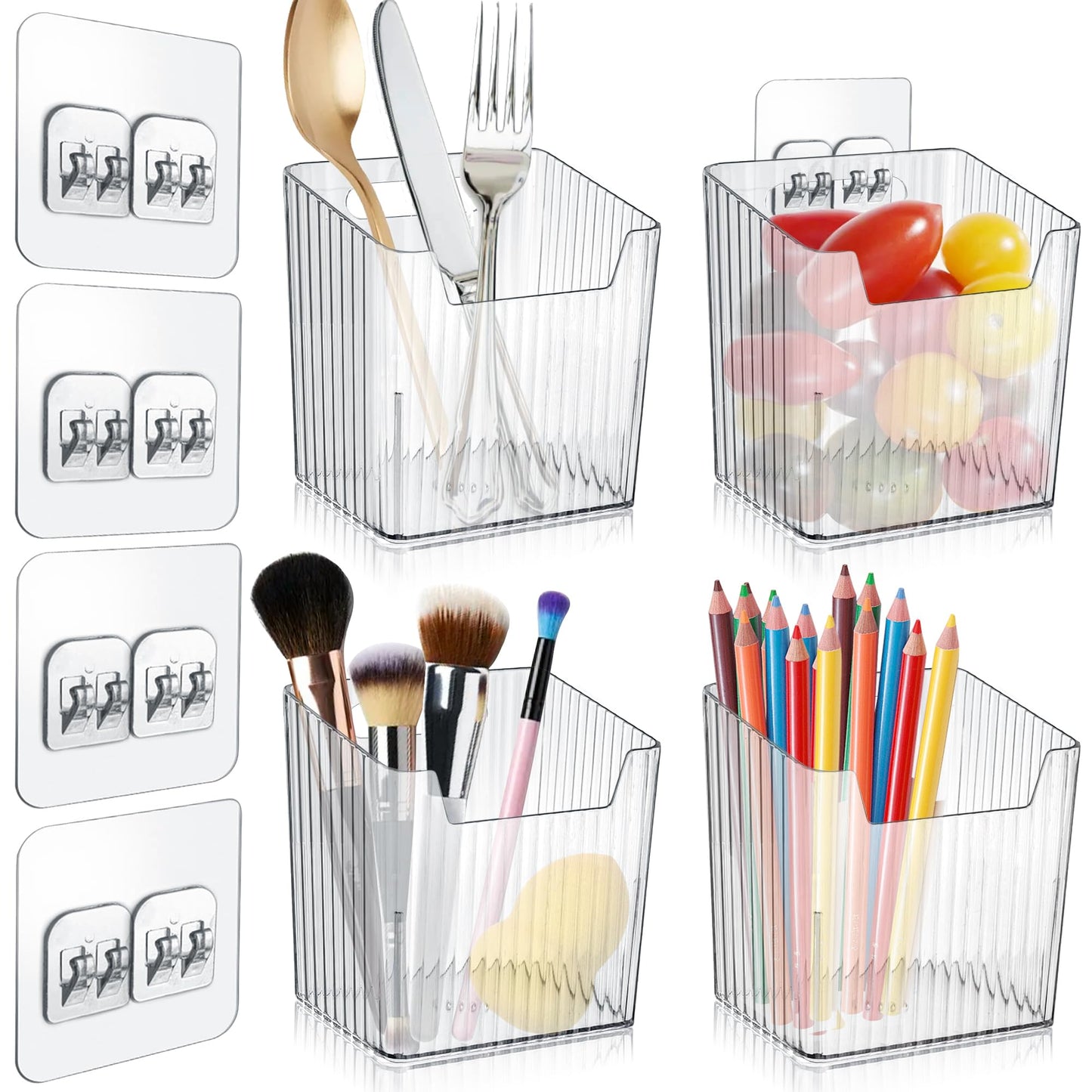 MZYIWUU 4 Pack Acrylic Wall Mount Organizer, Adhesive Cabinet Door Storage Bins, Clear Makeup Containers, Stackable Organizer Basket for Kitchen, Bathroom, Cabinet, Pantry, Office