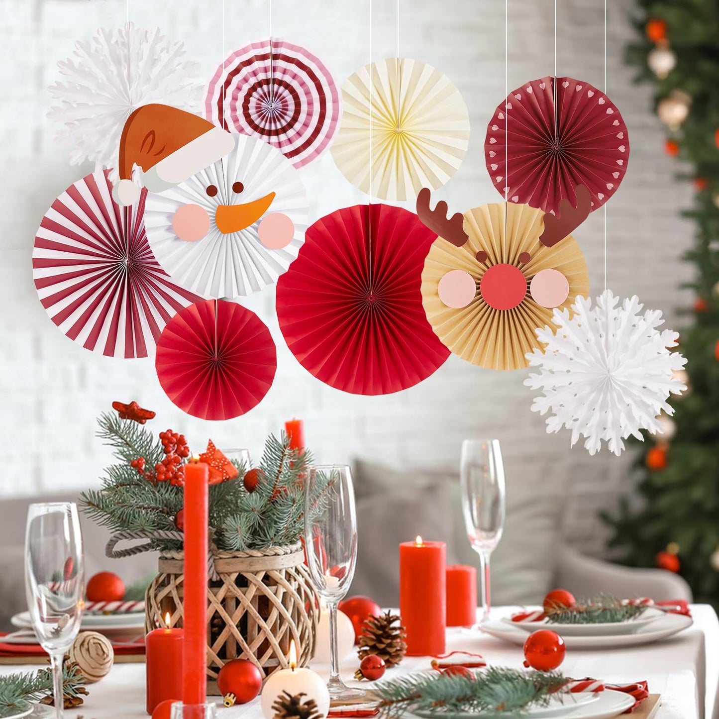 SUNBEAUTY Christmas Party Decorations Christmas Classroom Decorations Hanging Paper Fans with Reindeer Snowman for Xmas Holiday Ceilings Wall Decor Winter New Year Party Supplies
