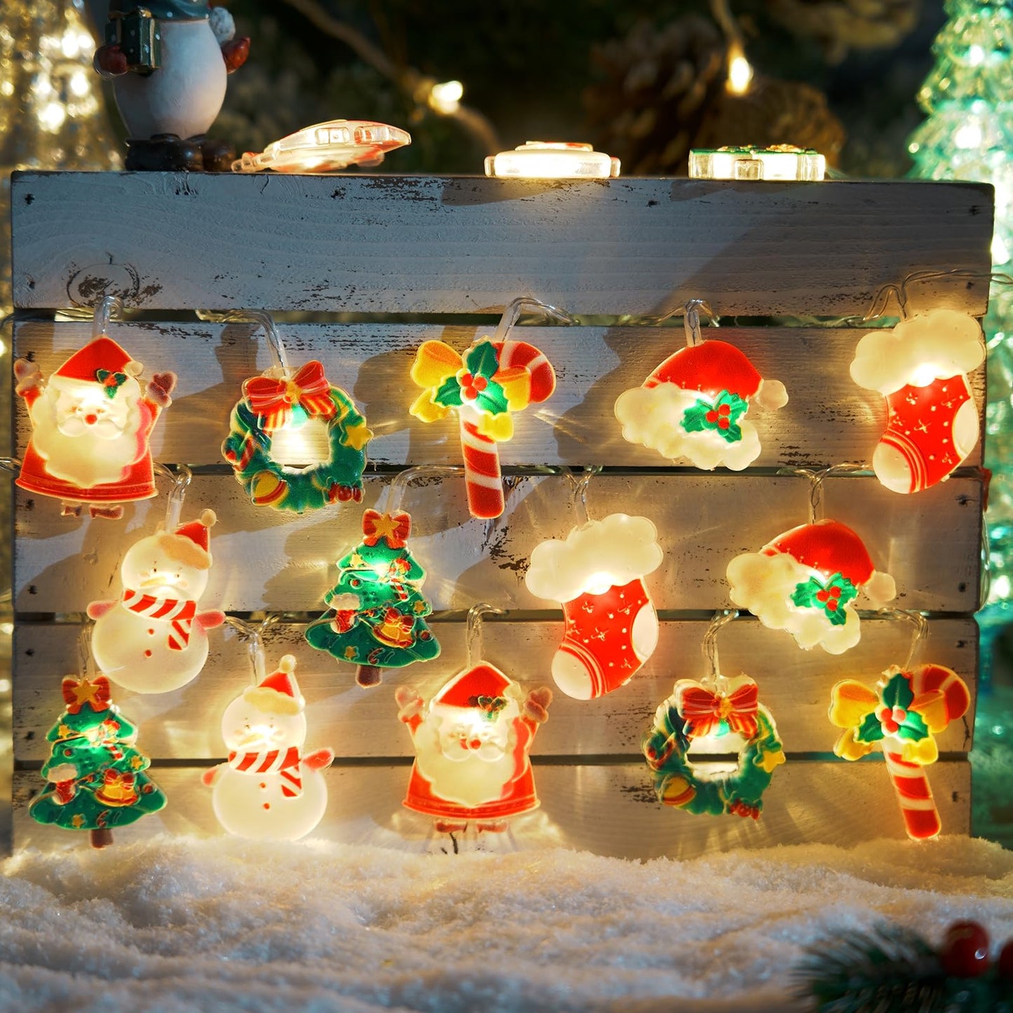 LOLStar Christmas Fairy String Lights, 20 LED Xmas Warm White Lights Hanging Decors with Santa Claus Wreath Tree Snowman Candy Cane Hat Stockings Battery Operated Indoor Window Lights for Party Home