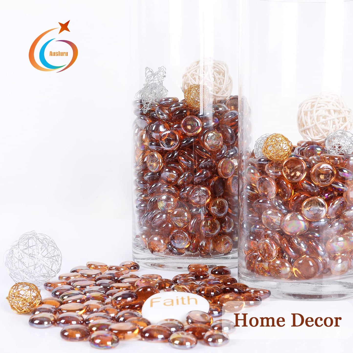 Ausluru 5LB Fire Glass Beads Flat Glass Marbles for Outdoor Fire Pit and Fireplace, Glass Gemstones for Vase Filler, Aquariums, Hydroponics Plants, Home Decor and Christmas DIY Craft, Amber