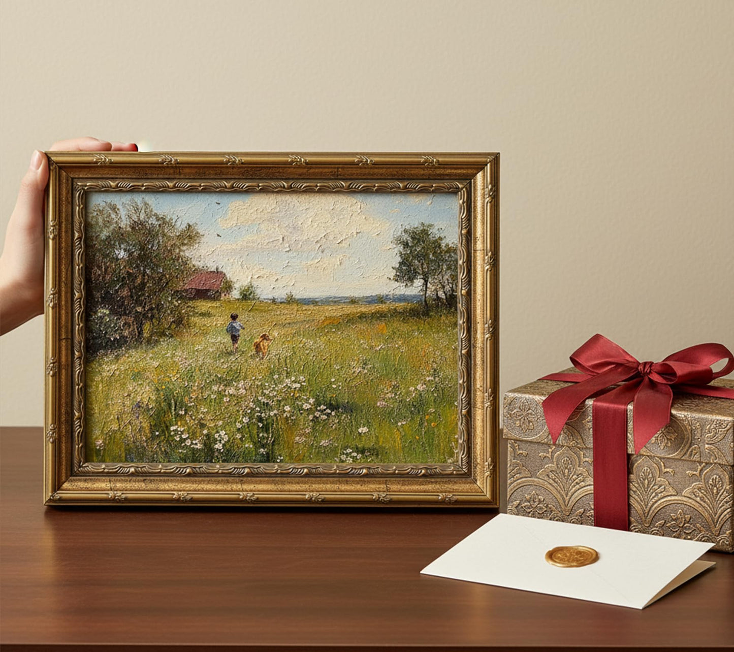 Gold Framed Vintage Country Canvas Wall Art 3D Textures Boy and Dog Running in Flower Field Painting Picture Farmhouse Landscape Wildflower Print Wall Decor for Bedroom Living Room Decoration 9x11in