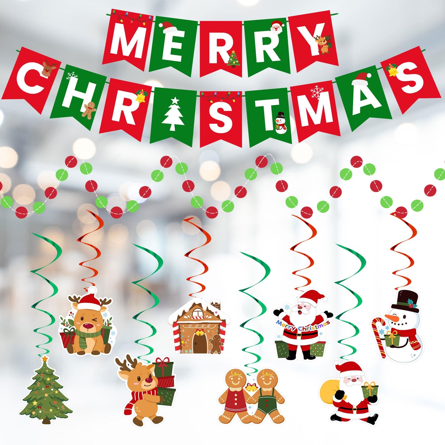 Christmas Party Supplies Decorations Set, Merry Christmas Banner, Foil Balloons, Hanging Swirls, Red and Green Metallic Fringe Curtains, Circle Dots Garland